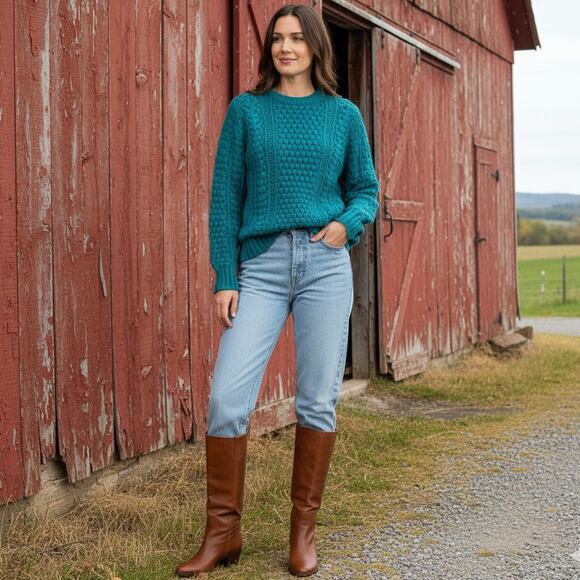 Quill’s Woollen Market Vintage 80s Irish Handknit Teal Wool Sweater | 44 (L/XL) - Picture 2 of 11